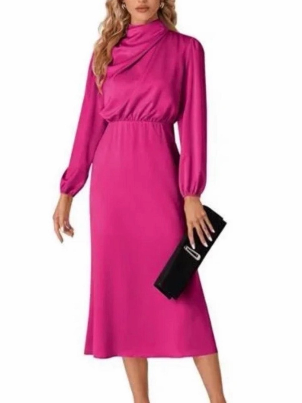 Women's Fuchsia Long Sleeve Midi Dress